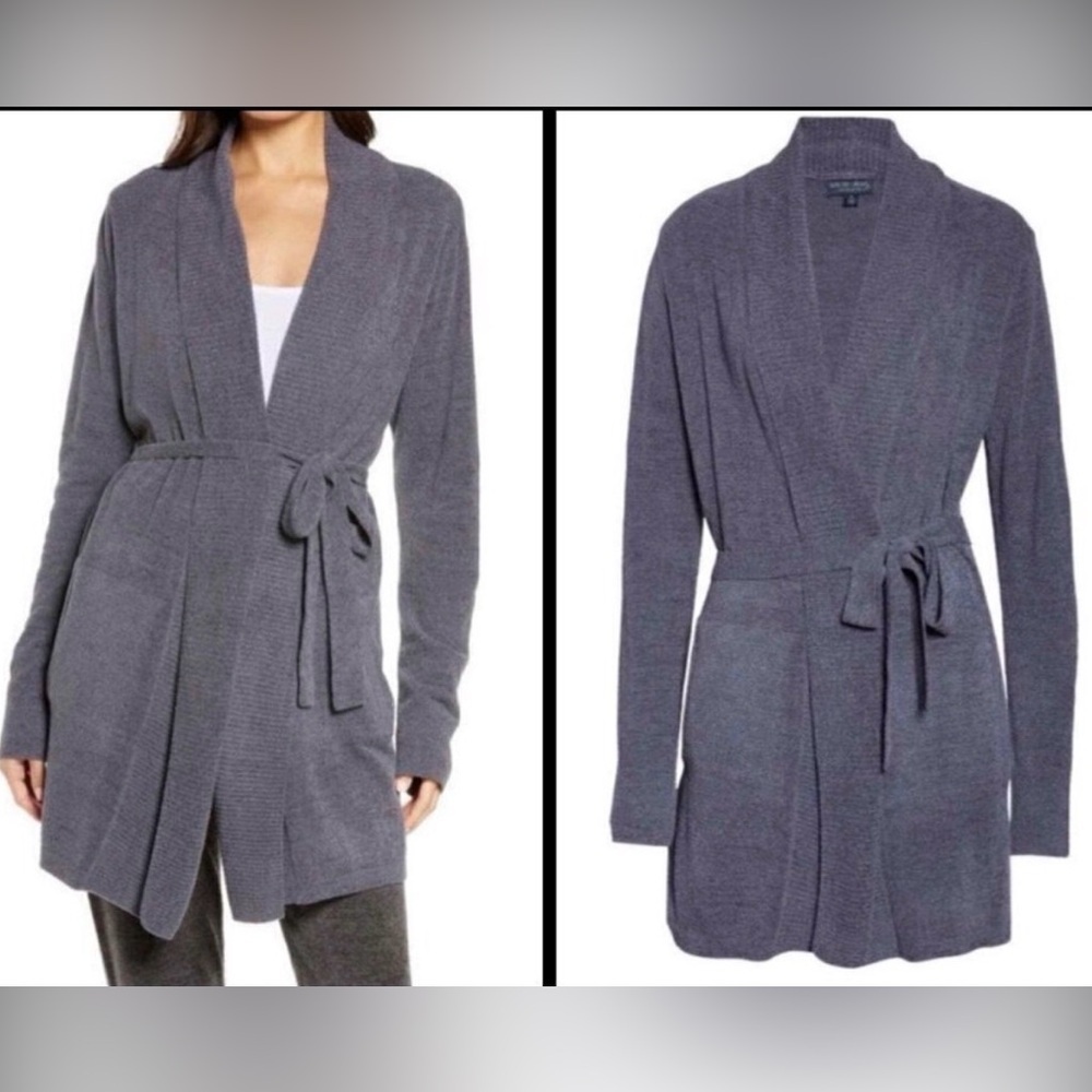 Barefoot Dreams Gray Shawl Collar Belted Cardigan